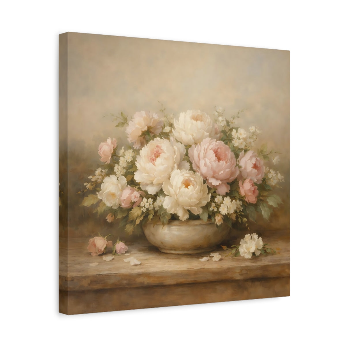Side Mockup 6. Floral Peonies Pink And White Flowers shown as stretched canvas wall art