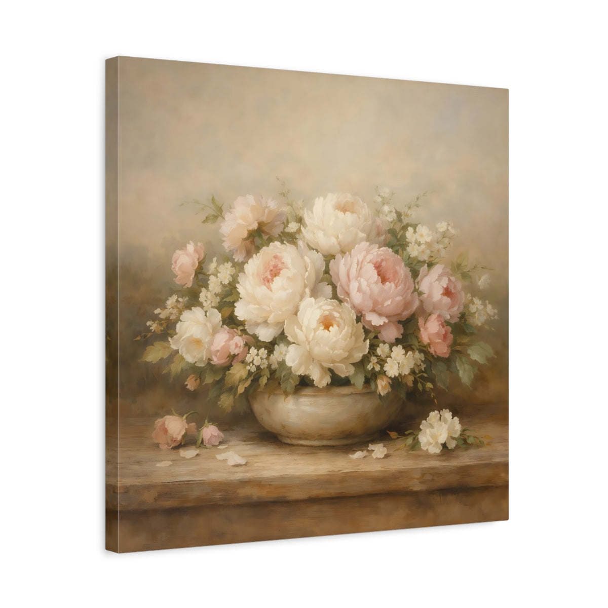 Side Mockup 5. Floral Peonies Pink And White Flowers shown as stretched canvas wall art