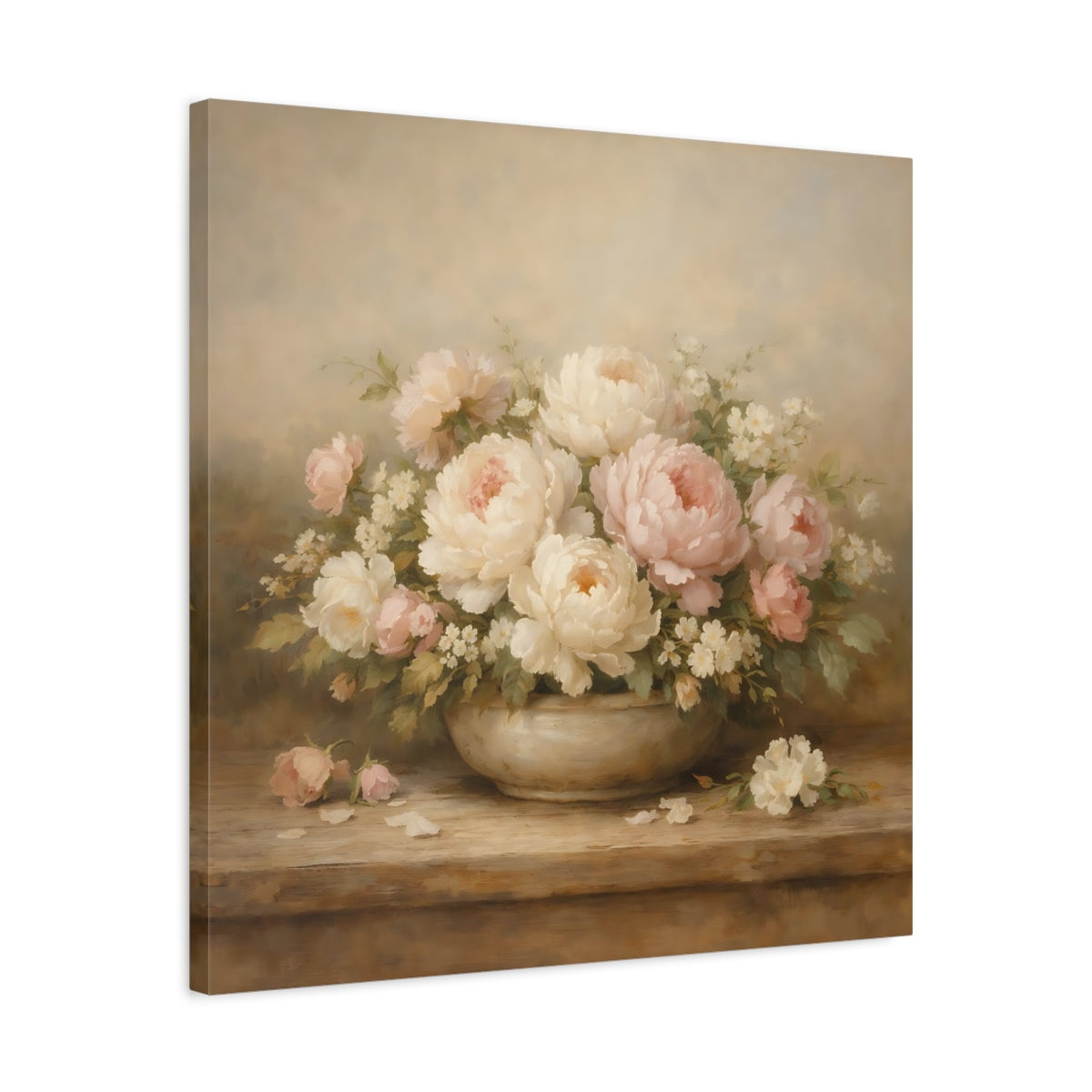 Side Mockup 4. Floral Peonies Pink And White Flowers shown as stretched canvas wall art