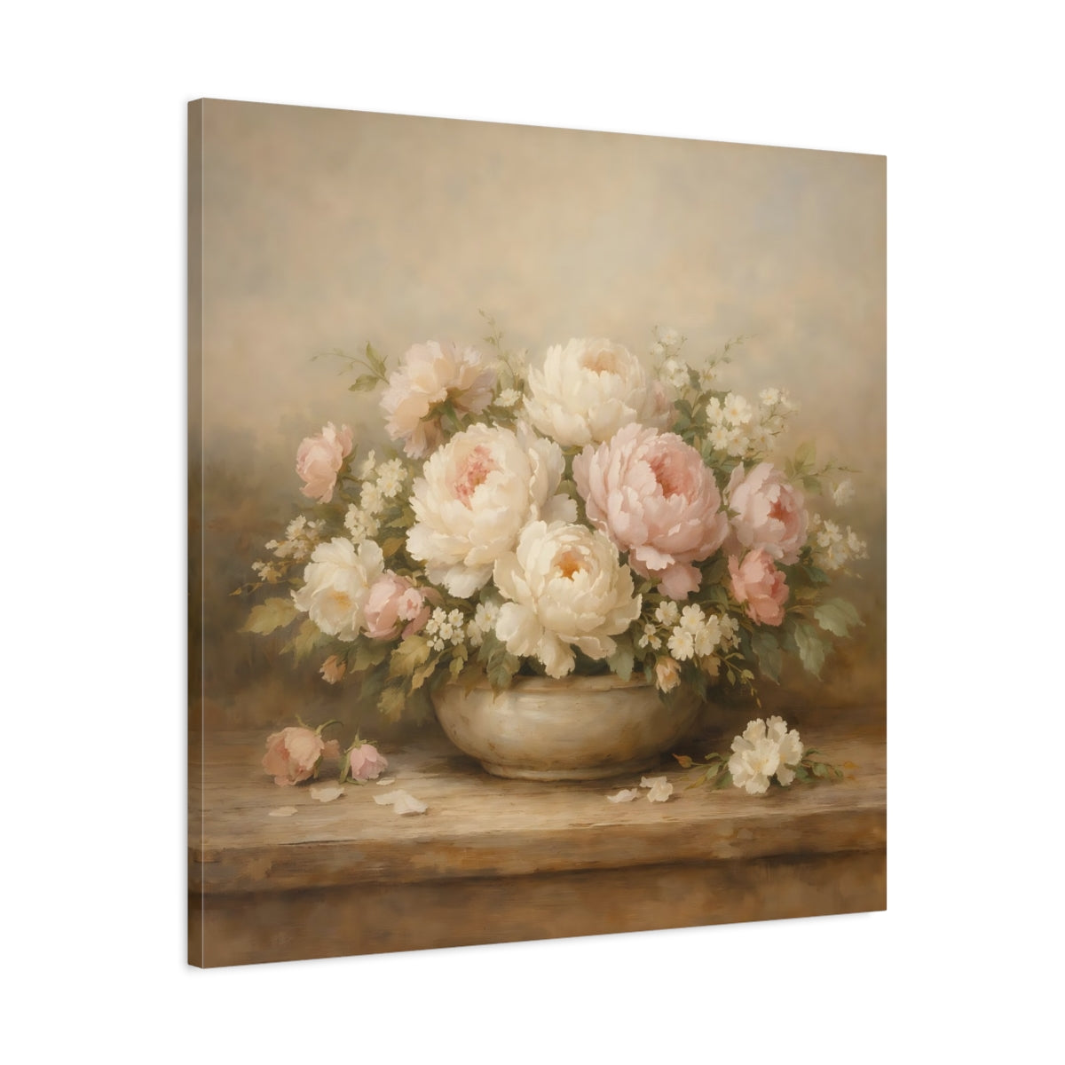 Side Mockup 3. Floral Peonies Pink And White Flowers shown as stretched canvas wall art