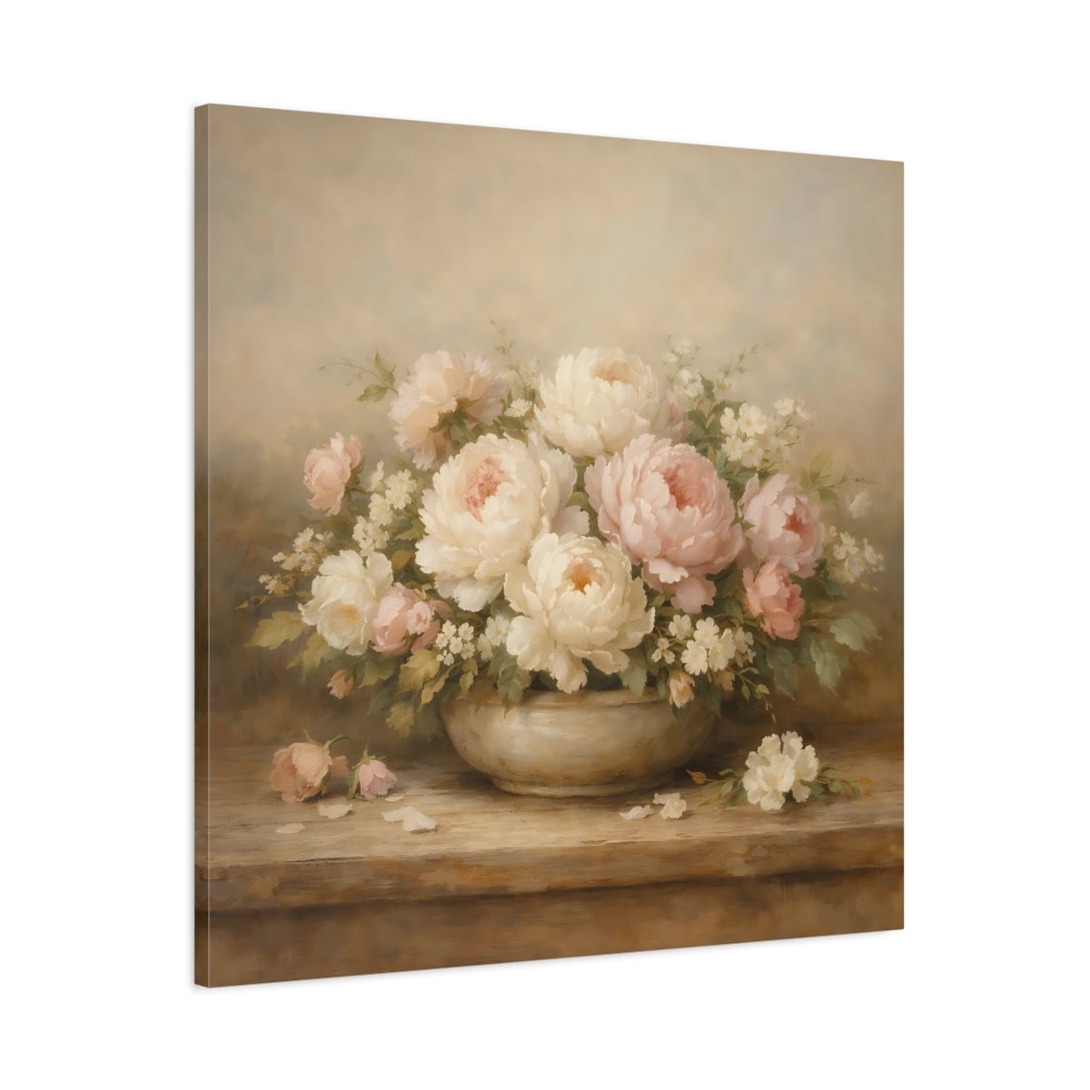 Side Mockup 2. Floral Peonies Pink And White Flowers shown as stretched canvas wall art