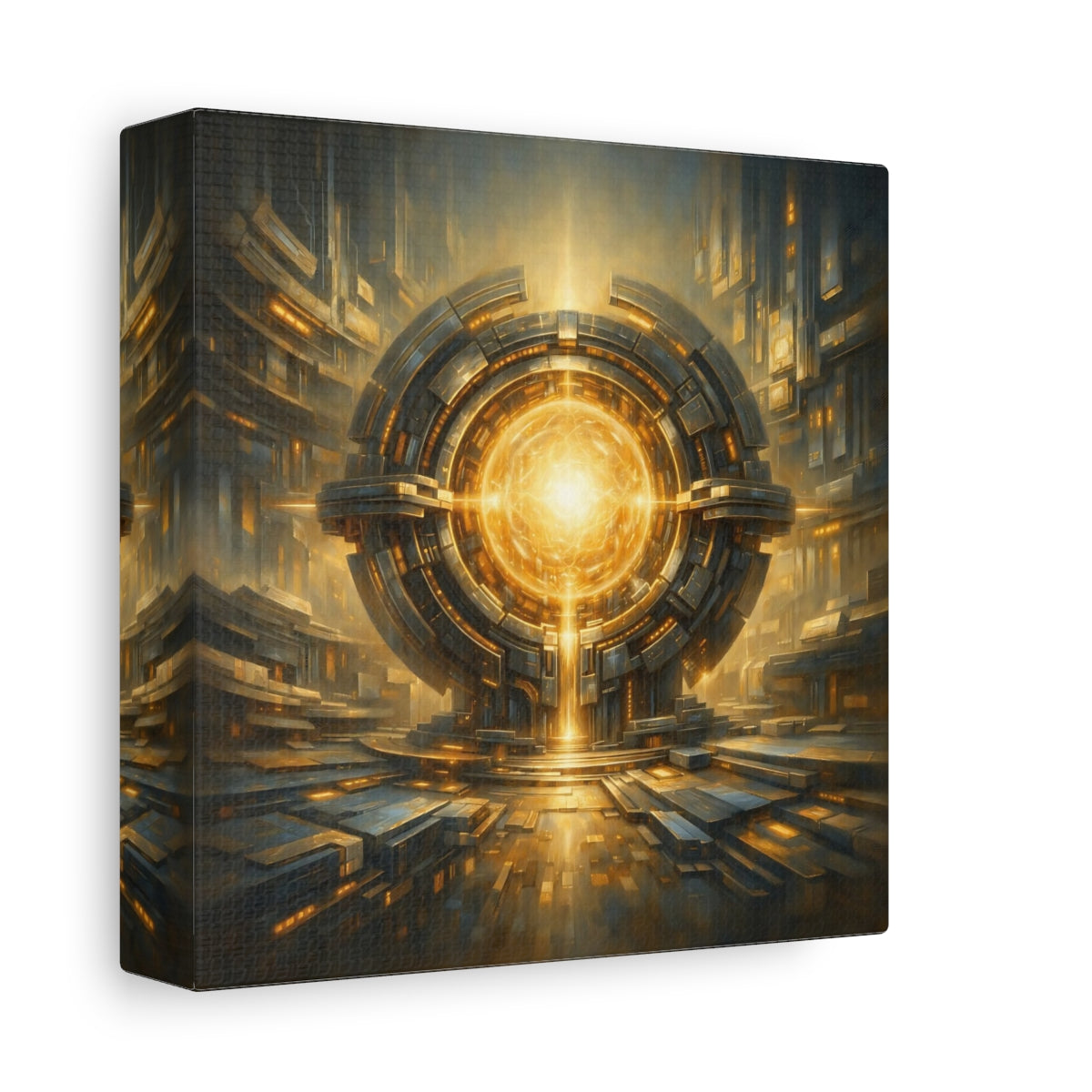 Side Mockup 1. Science Fiction Energy Core Gold And Blue Sci-Fi shown as stretched canvas wall art