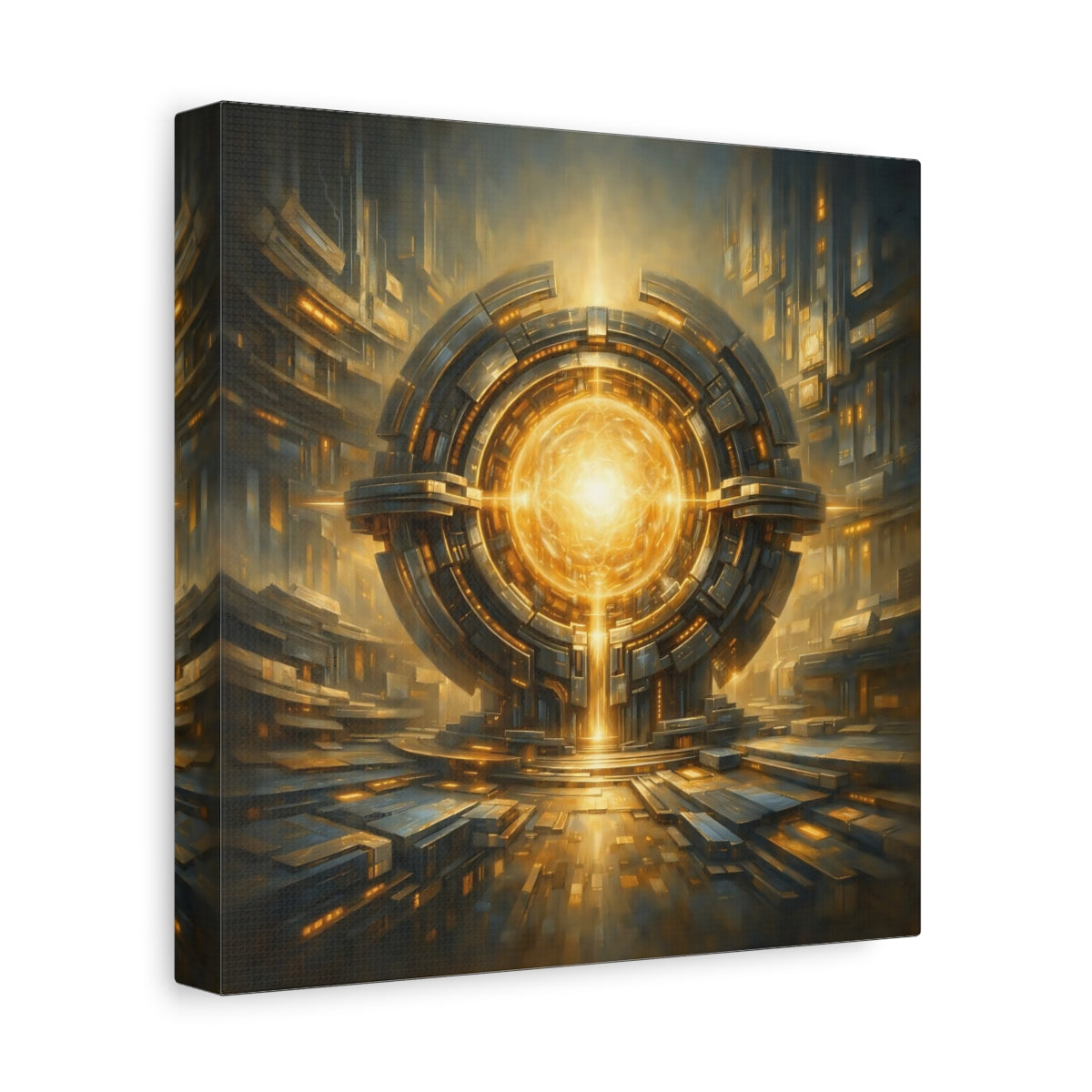 Side Mockup 9. Science Fiction Energy Core Gold And Blue Sci-Fi shown as stretched canvas wall art