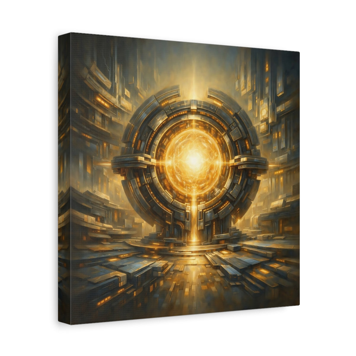 Side Mockup 8. Science Fiction Energy Core Gold And Blue Sci-Fi shown as stretched canvas wall art