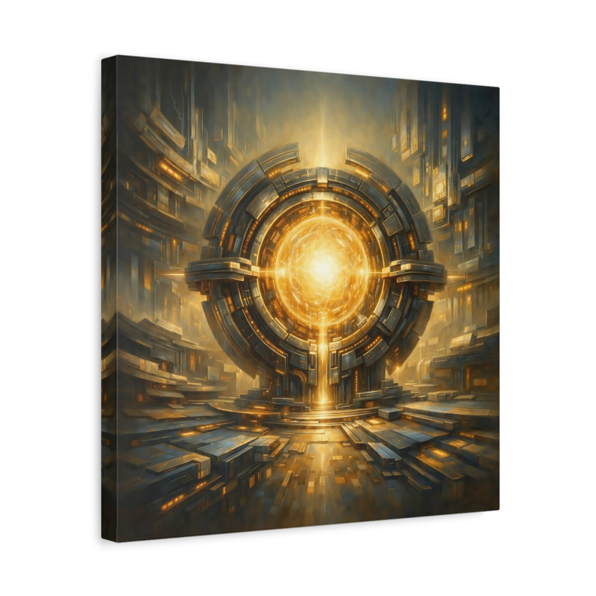 Side Mockup 6. Science Fiction Energy Core Gold And Blue Sci-Fi shown as stretched canvas wall art