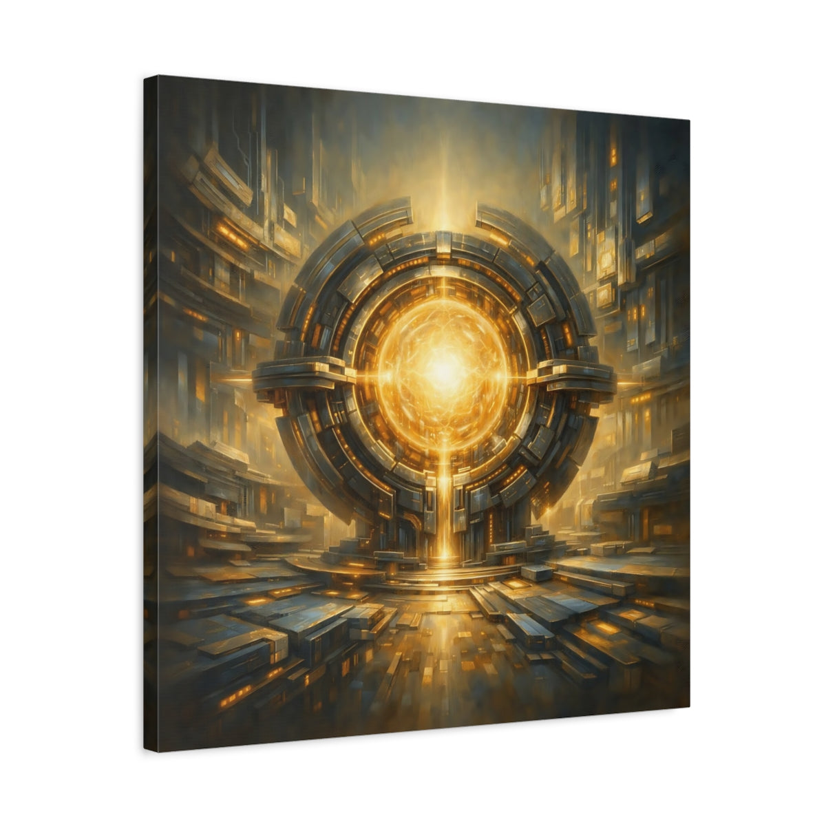 Side Mockup 4. Science Fiction Energy Core Gold And Blue Sci-Fi shown as stretched canvas wall art