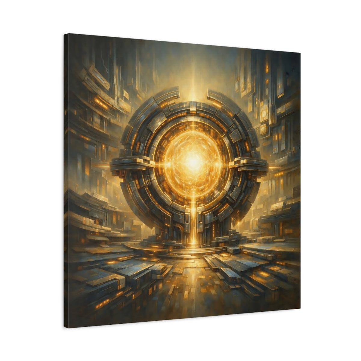 Side Mockup 3. Science Fiction Energy Core Gold And Blue Sci-Fi shown as stretched canvas wall art