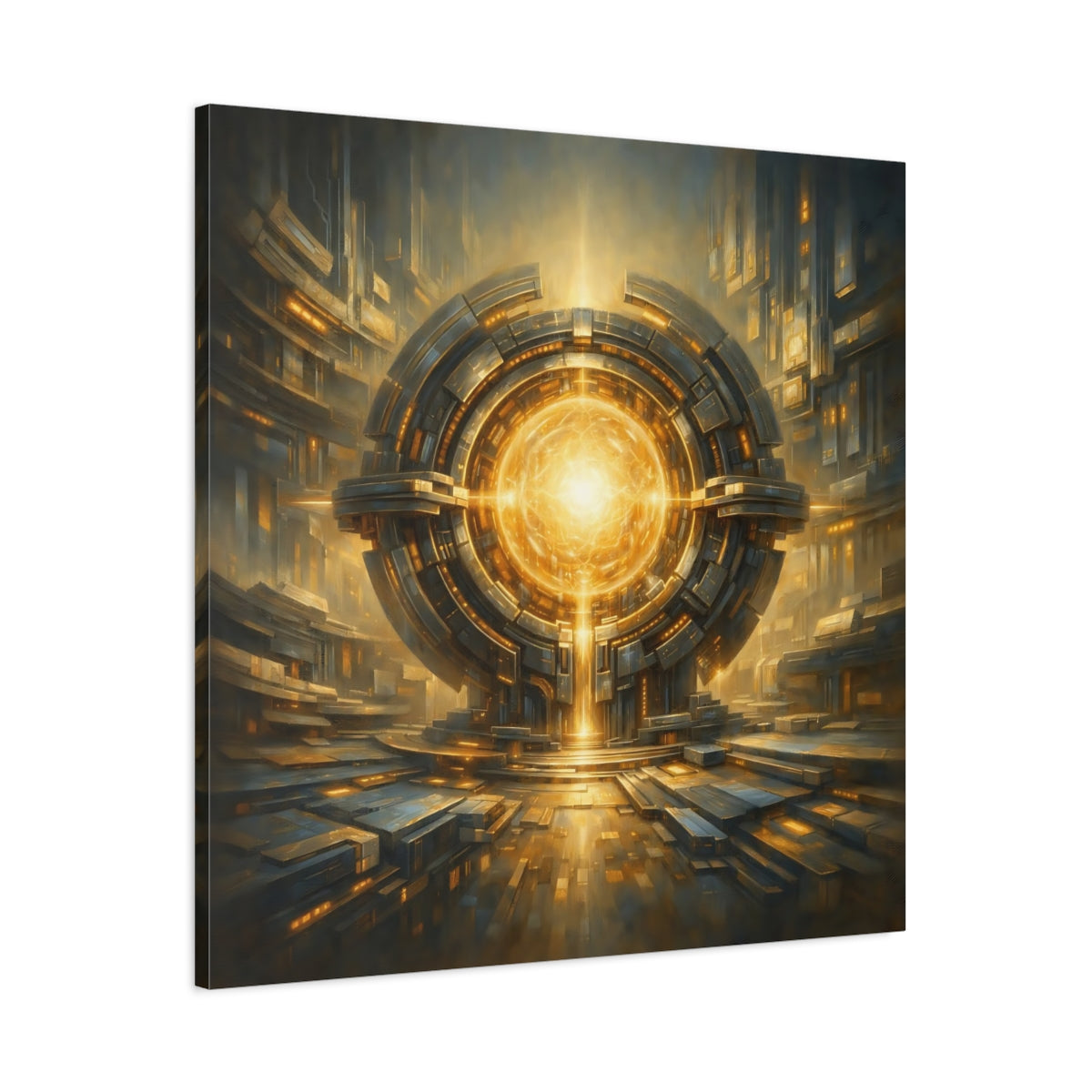 Side Mockup 2. Science Fiction Energy Core Gold And Blue Sci-Fi shown as stretched canvas wall art