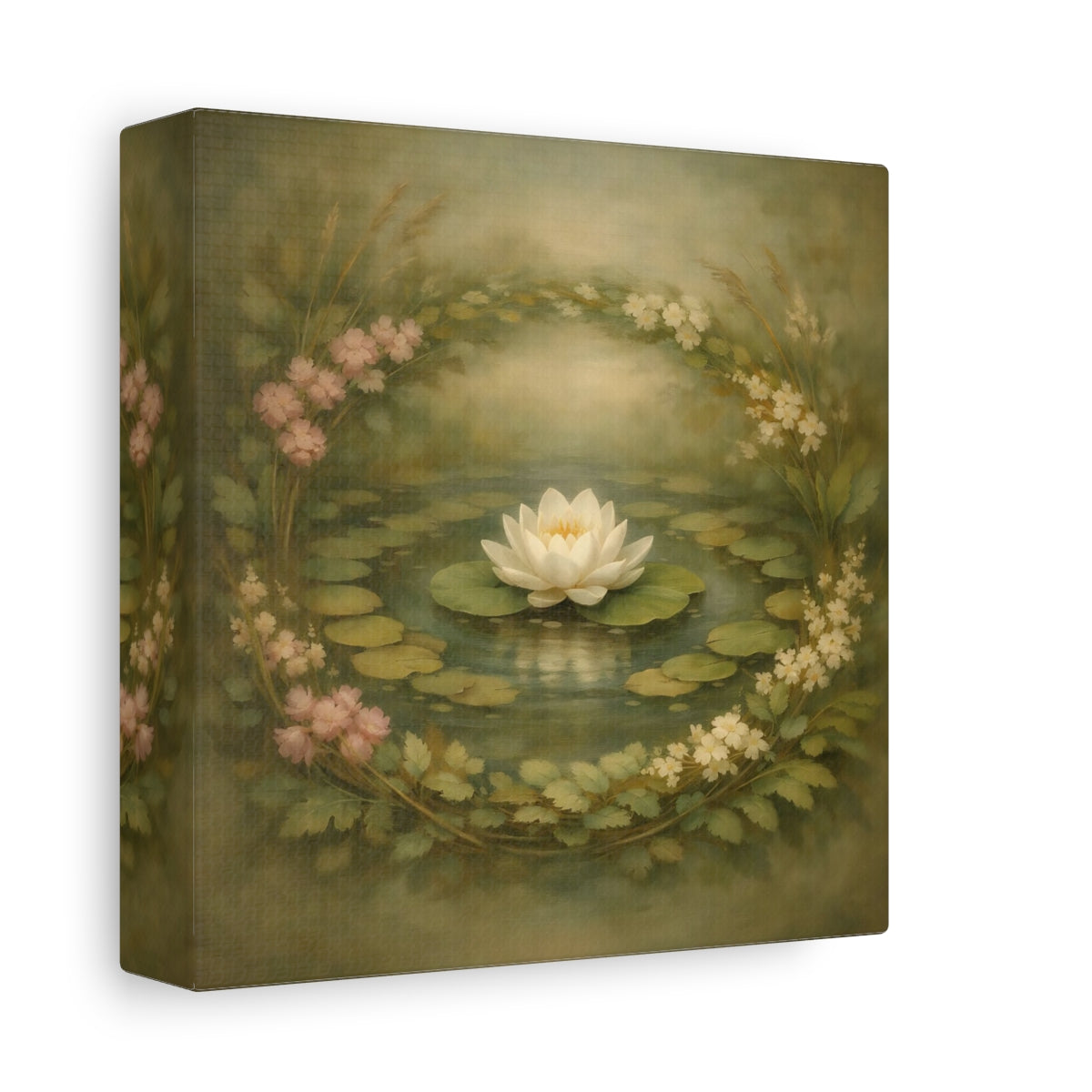 Side Mockup 1. Floral Water Lily Green Floral Pond shown as stretched canvas wall art