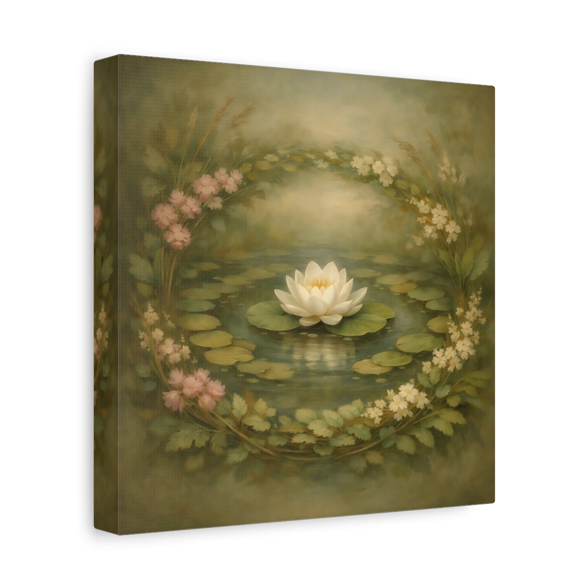 Side Mockup 9. Floral Water Lily Green Floral Pond shown as stretched canvas wall art