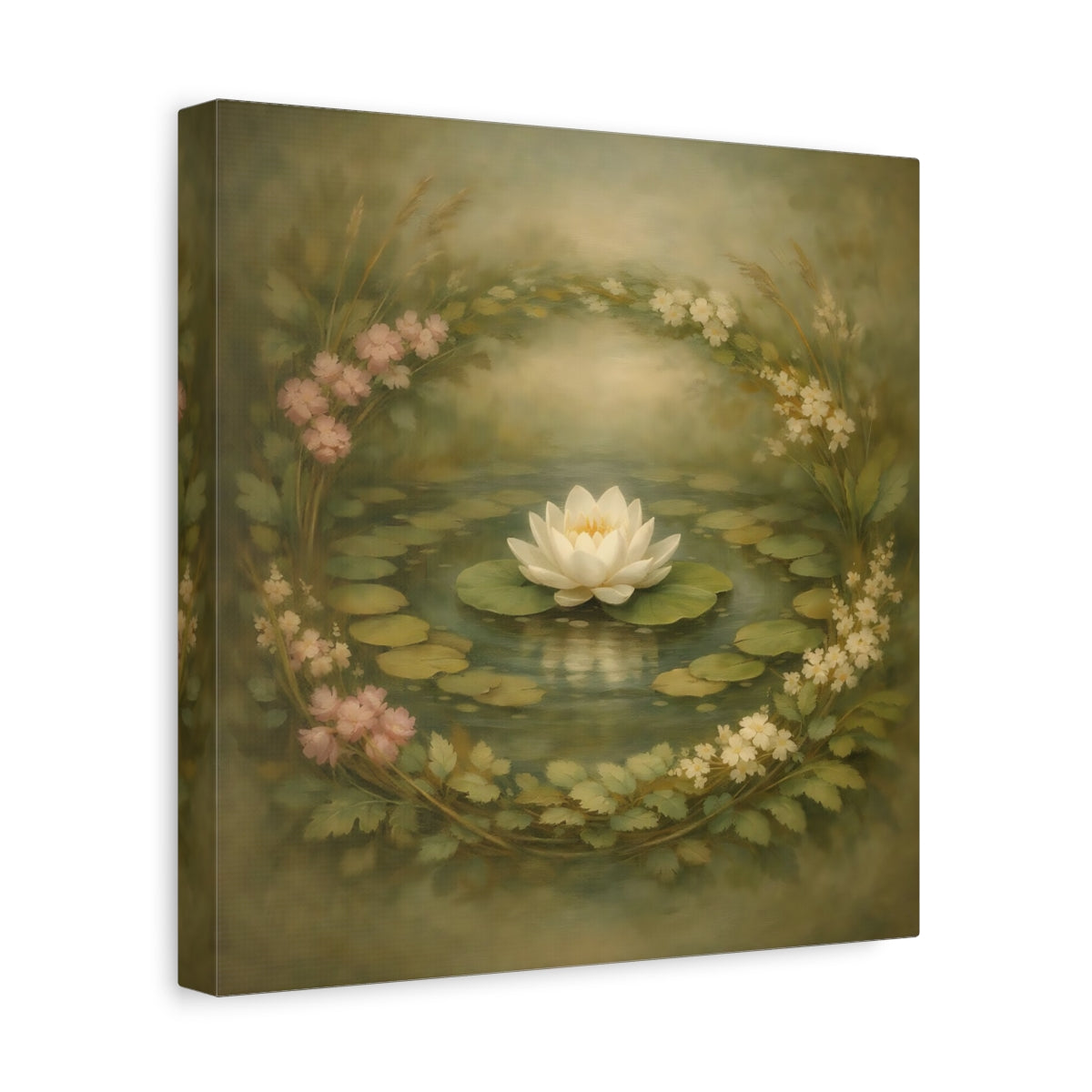 Side Mockup 8. Floral Water Lily Green Floral Pond shown as stretched canvas wall art