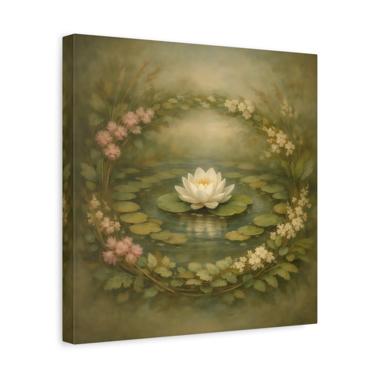 Side Mockup 7. Floral Water Lily Green Floral Pond shown as stretched canvas wall art
