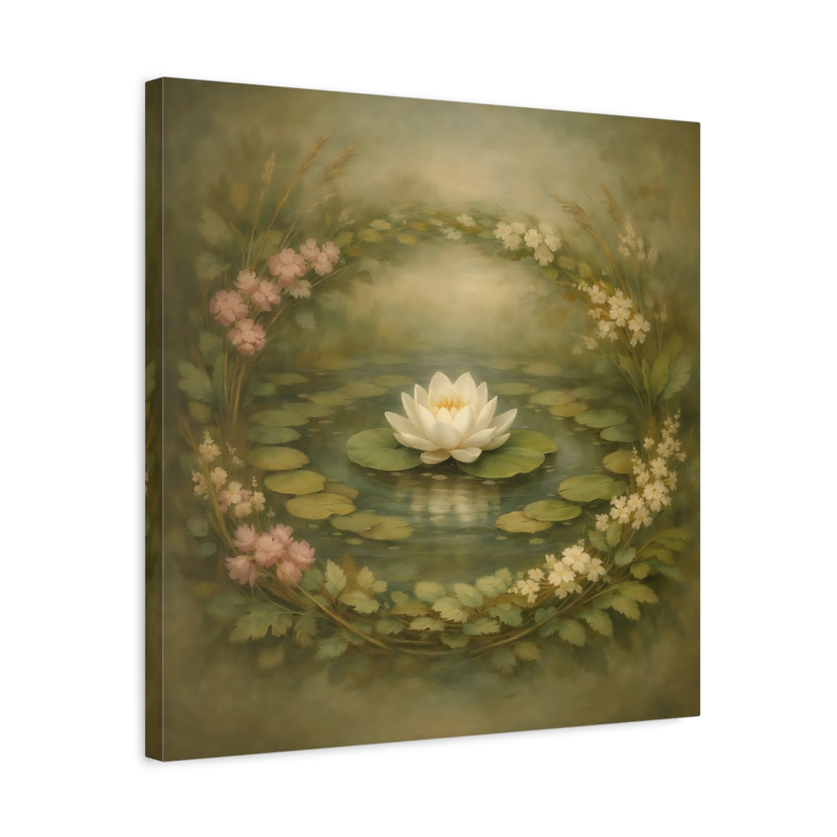 Side Mockup 5. Floral Water Lily Green Floral Pond shown as stretched canvas wall art