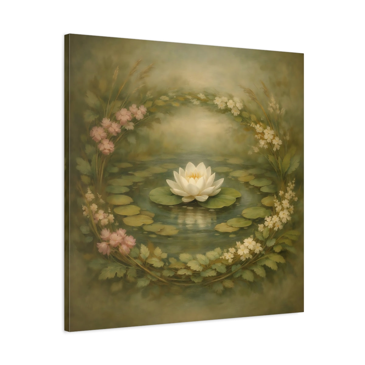 Side Mockup 3. Floral Water Lily Green Floral Pond shown as stretched canvas wall art