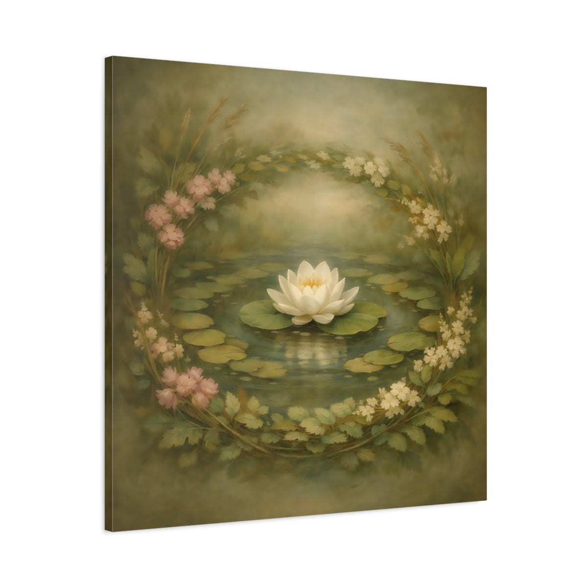 Side Mockup 2. Floral Water Lily Green Floral Pond shown as stretched canvas wall art