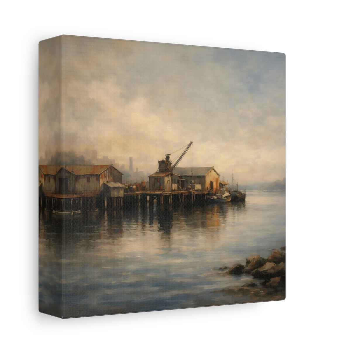 Side Mockup 1. Vintage Fishing Pier Muted Coastal shown as stretched canvas wall art
