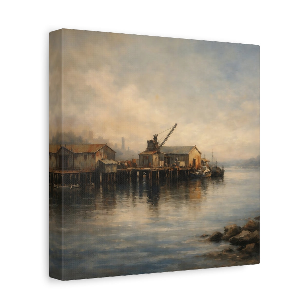 Side Mockup 9. Vintage Fishing Pier Muted Coastal shown as stretched canvas wall art