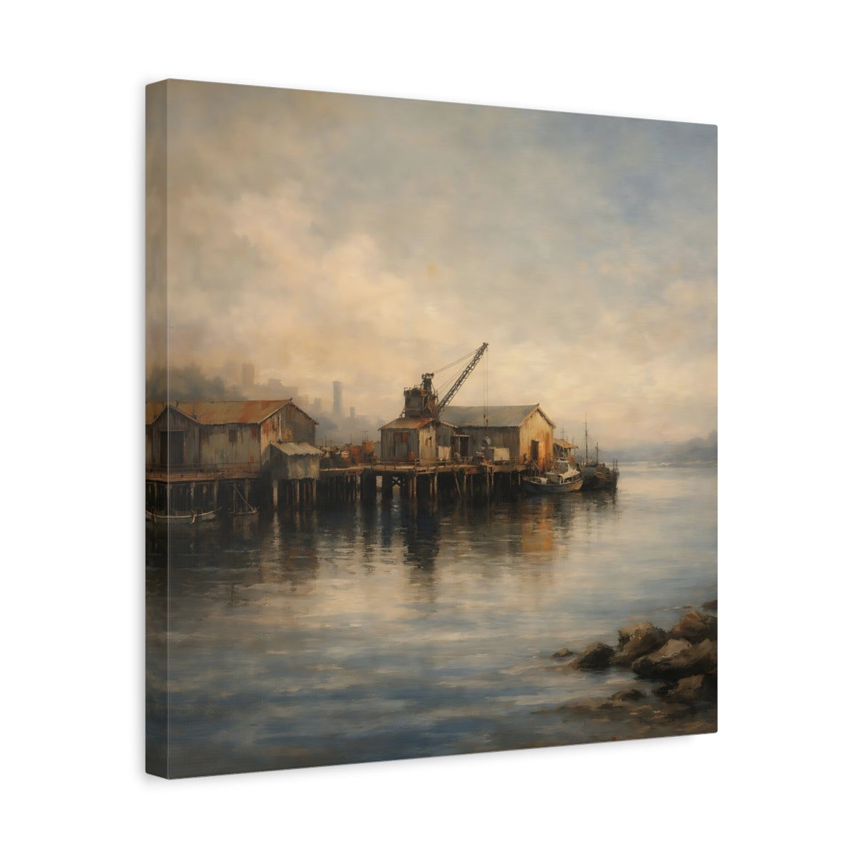 Side Mockup 6. Vintage Fishing Pier Muted Coastal shown as stretched canvas wall art
