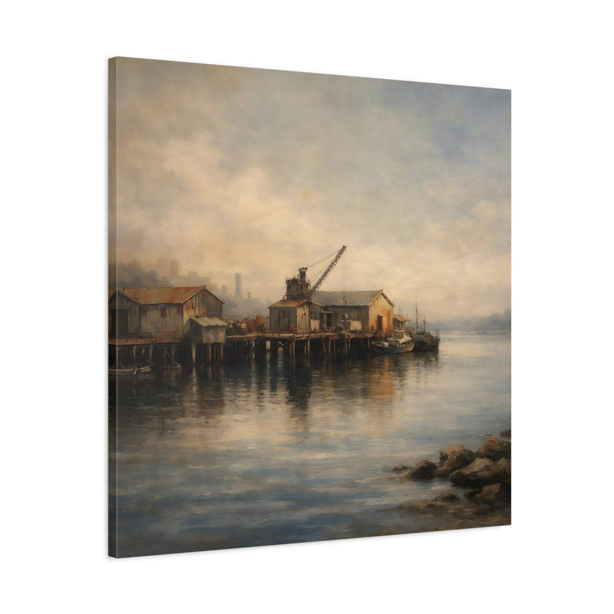 Side Mockup 3. Vintage Fishing Pier Muted Coastal shown as stretched canvas wall art