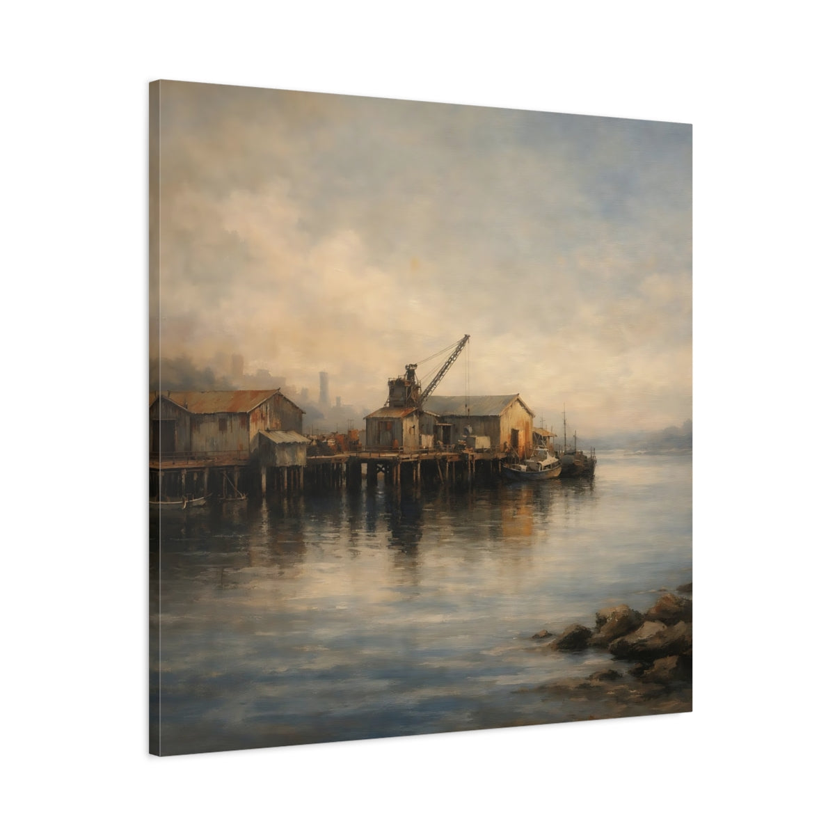 Side Mockup 2. Vintage Fishing Pier Muted Coastal shown as stretched canvas wall art