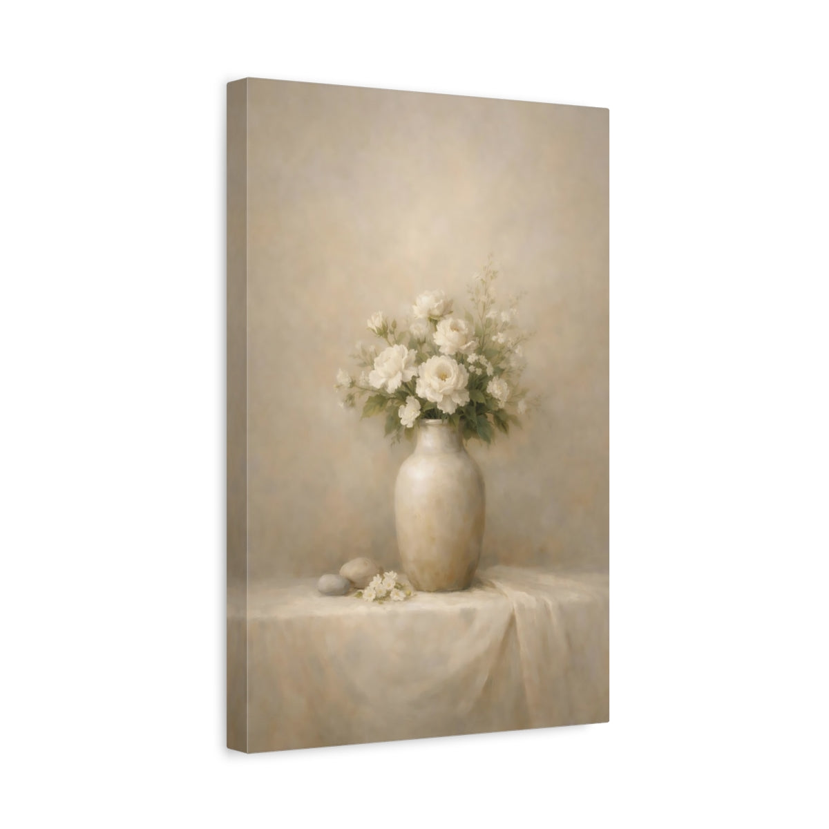 Side Mockup 4. Floral White Roses Cream And White shown as stretched canvas wall art