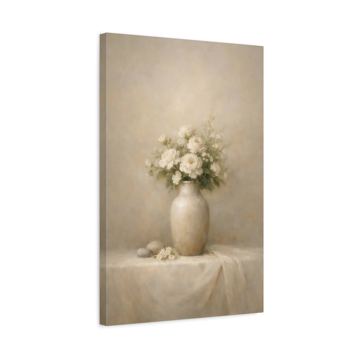 Side Mockup 3. Floral White Roses Cream And White shown as stretched canvas wall art