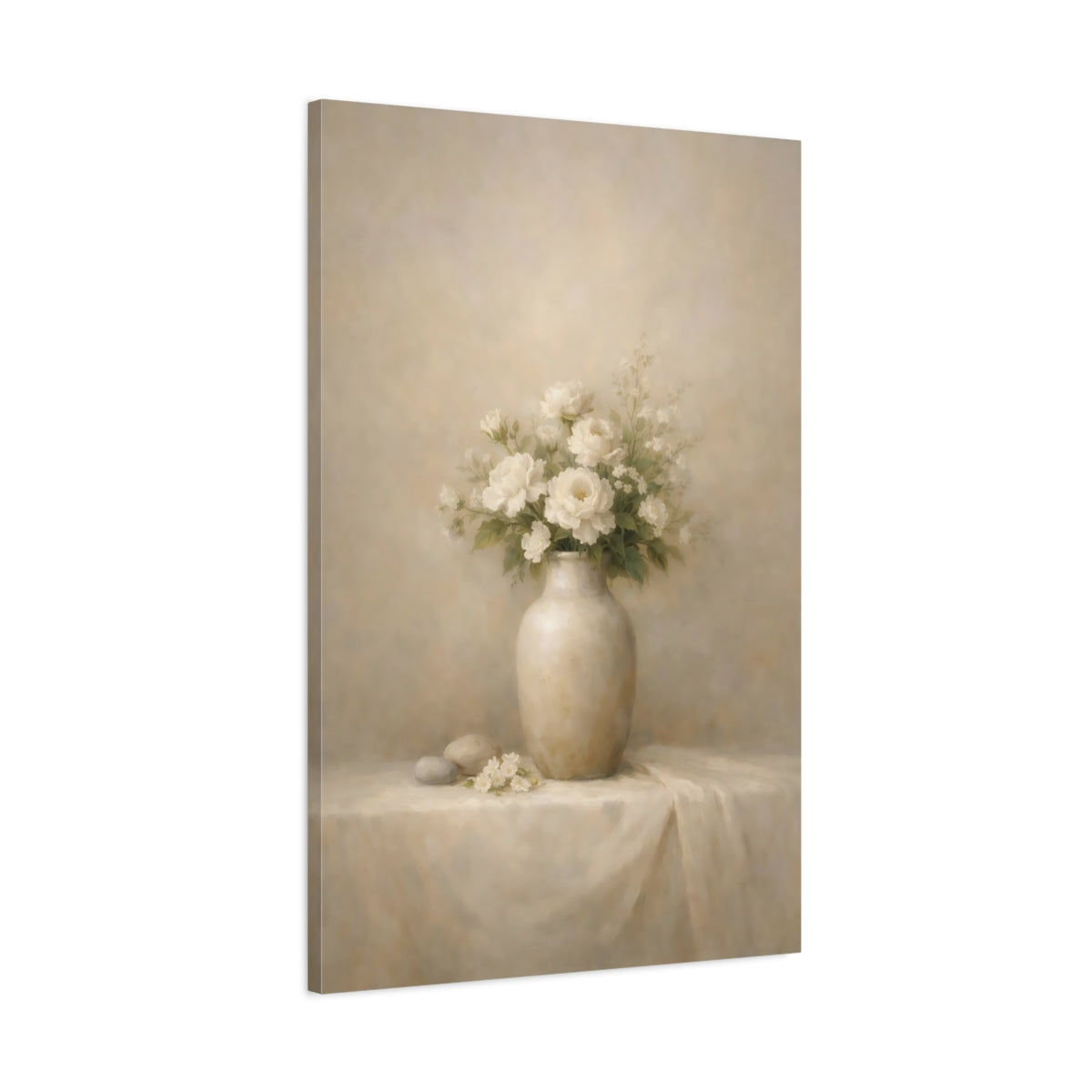 Side Mockup 1. Floral White Roses Cream And White shown as stretched canvas wall art