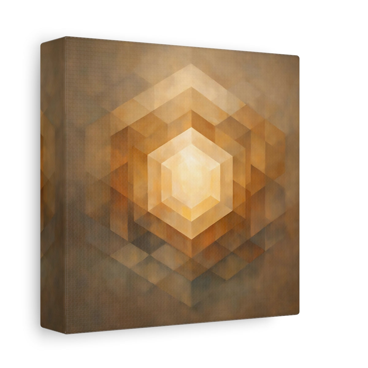 Side Mockup 1. Abstract Geometric Hexagon Golden Geometric shown as stretched canvas wall art