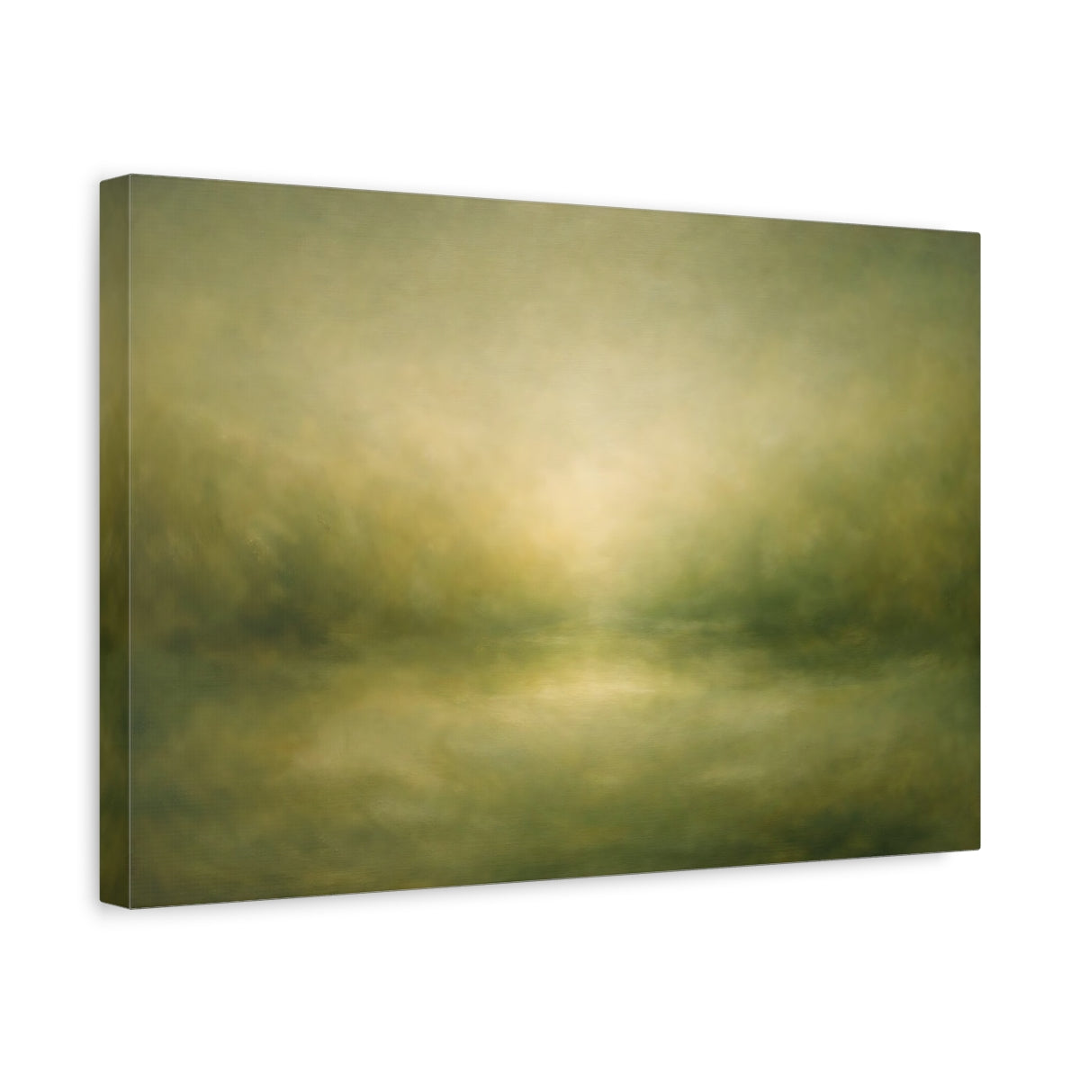 Side Mockup 4. Organic Abstract Soft Olive Green Fade shown as stretched canvas wall art