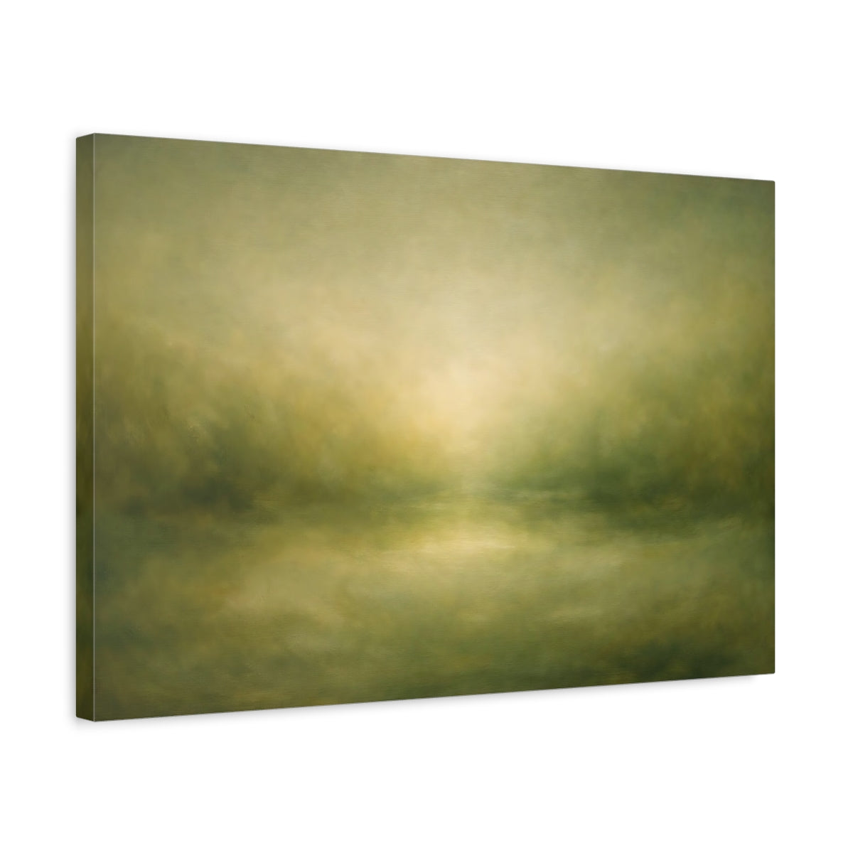 Side Mockup 3. Organic Abstract Soft Olive Green Fade shown as stretched canvas wall art