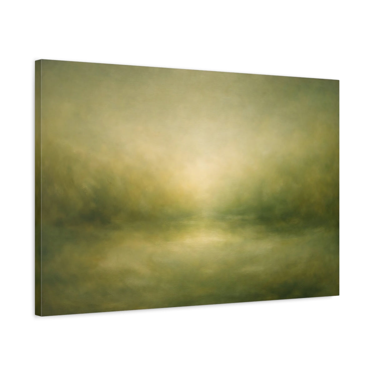 Side Mockup 2. Organic Abstract Soft Olive Green Fade shown as stretched canvas wall art