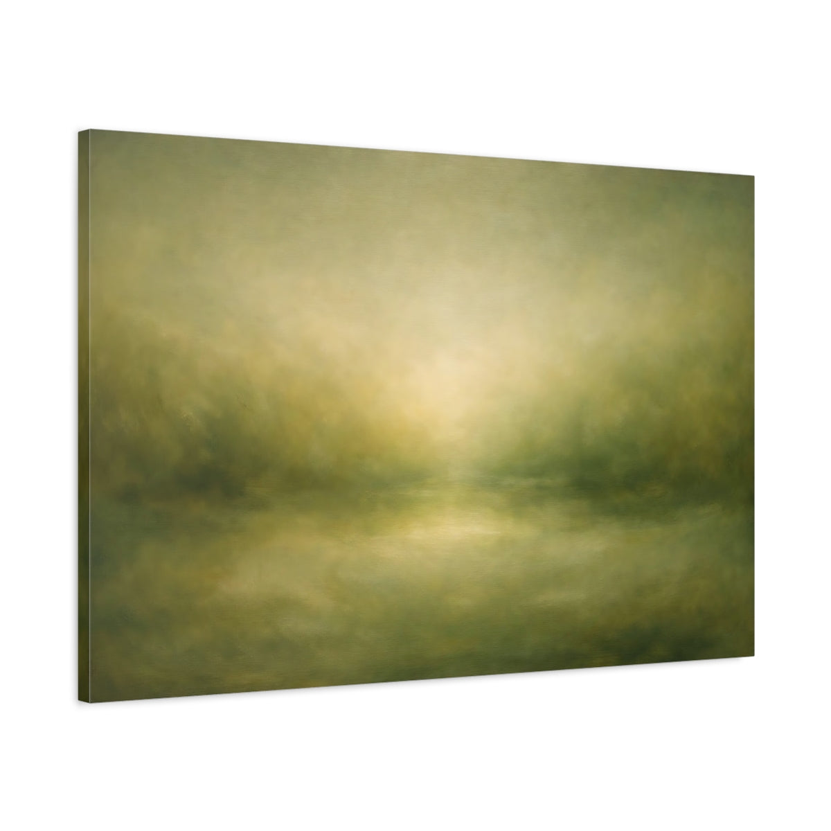 Side Mockup 1. Organic Abstract Soft Olive Green Fade shown as stretched canvas wall art