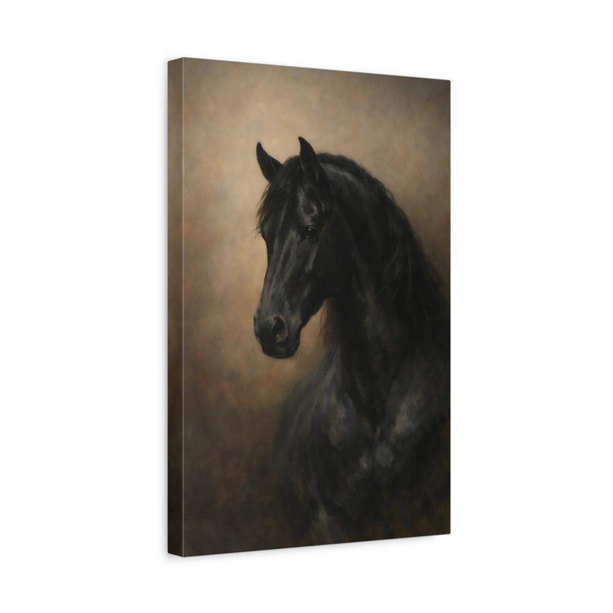 Side Mockup 4. Animals Horse Black Horse shown as stretched canvas wall art