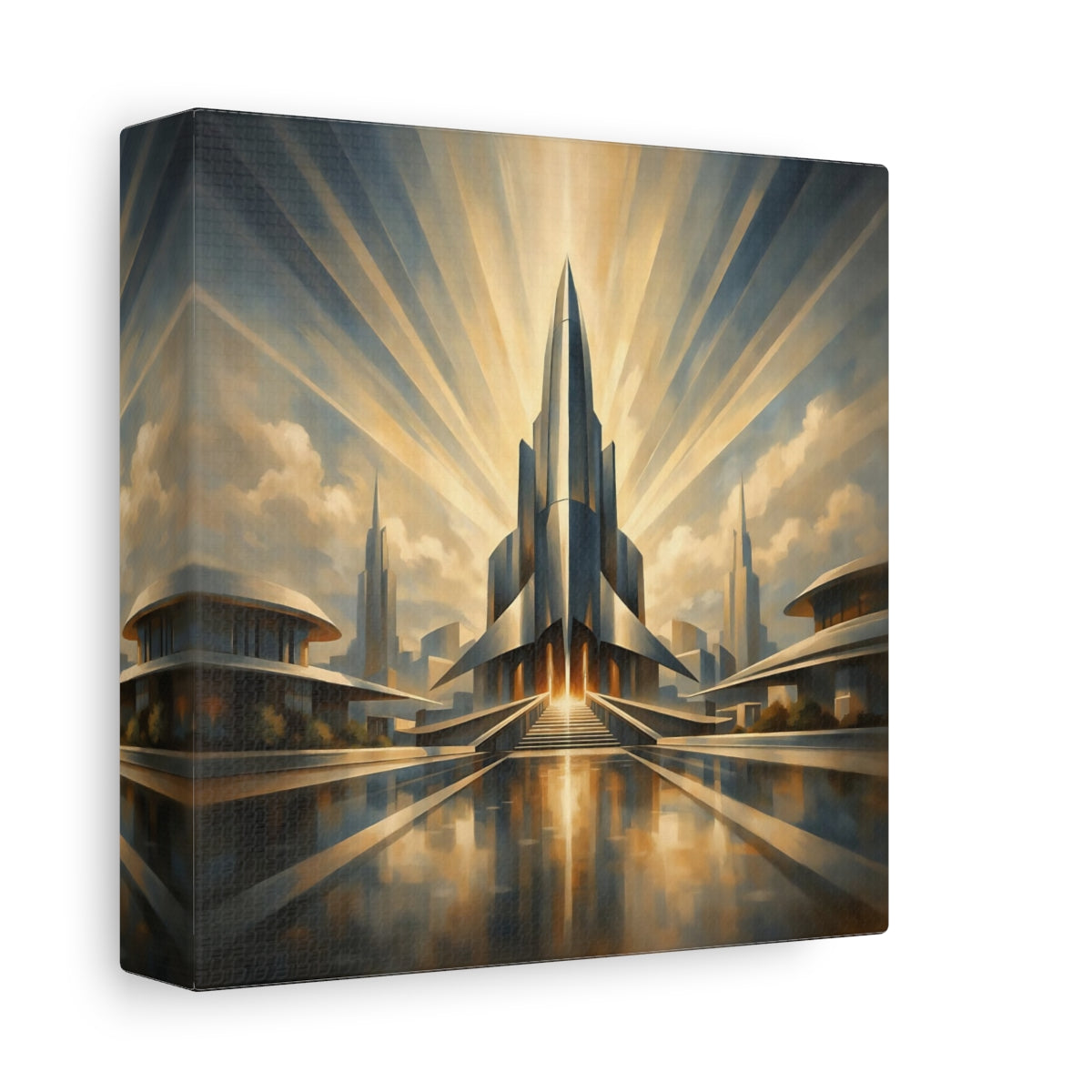 Side Mockup 1. Science Fiction Futuristic City Gold And Blue shown as stretched canvas wall art