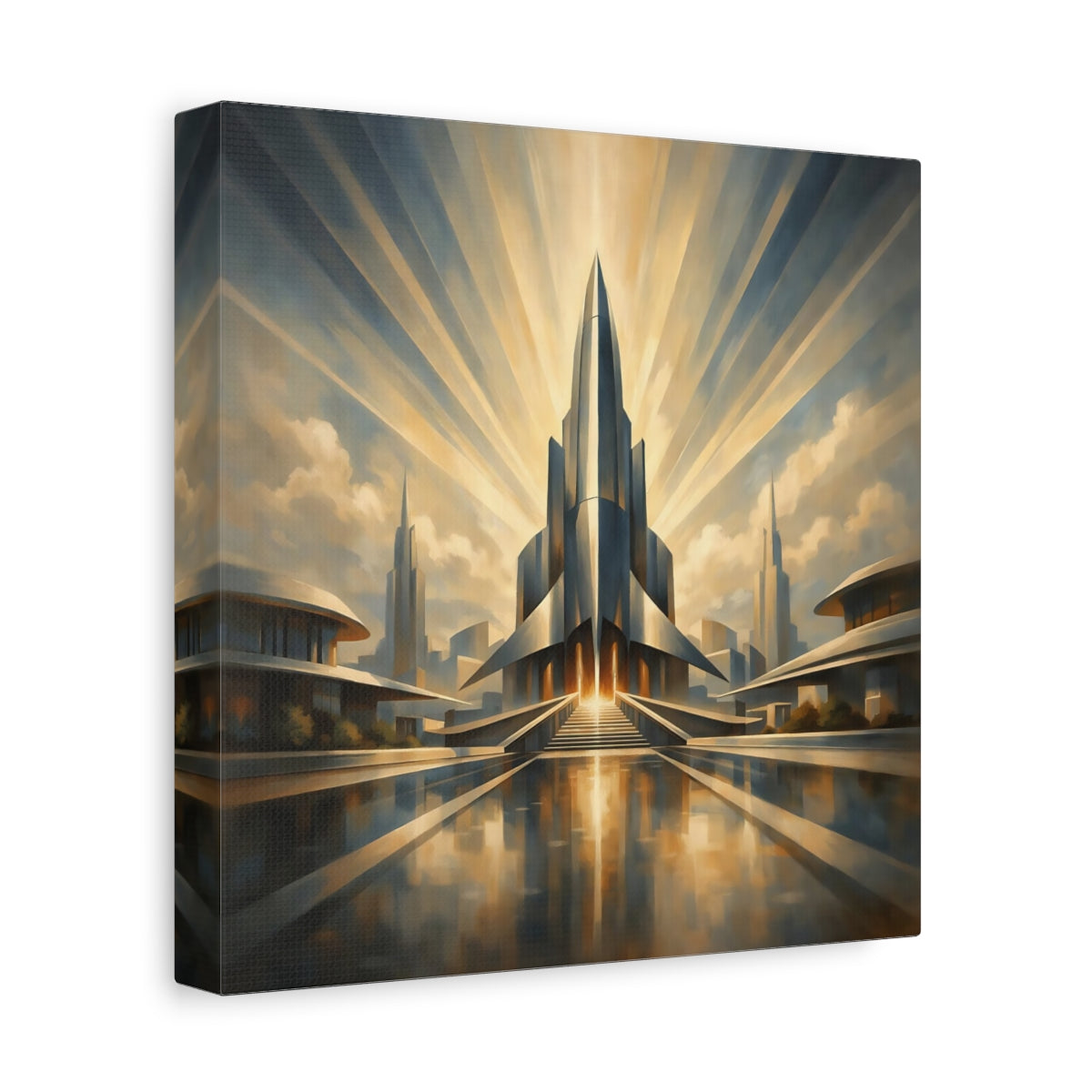 Side Mockup 9. Science Fiction Futuristic City Gold And Blue shown as stretched canvas wall art