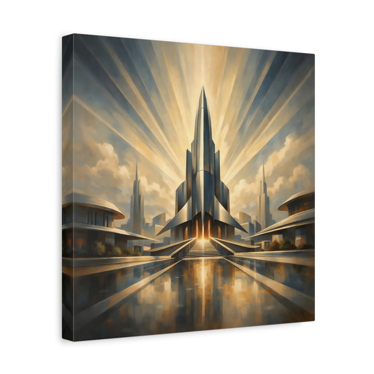 Side Mockup 7. Science Fiction Futuristic City Gold And Blue shown as stretched canvas wall art
