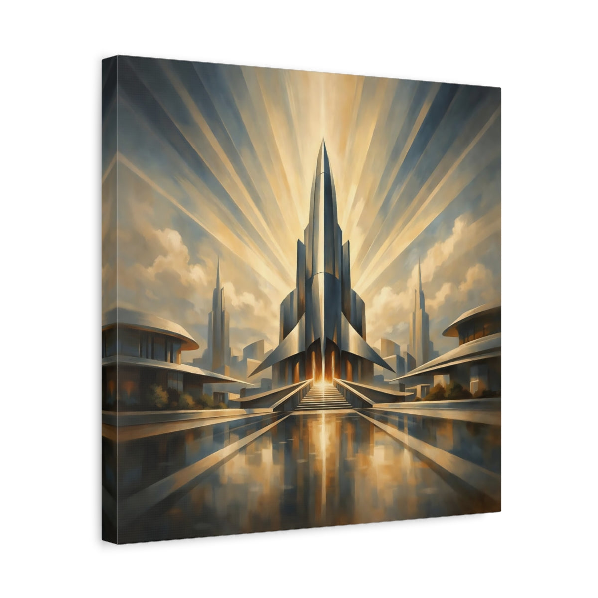 Side Mockup 6. Science Fiction Futuristic City Gold And Blue shown as stretched canvas wall art