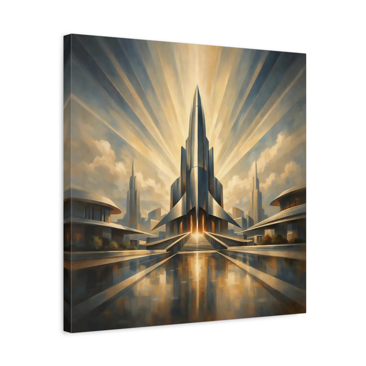 Side Mockup 5. Science Fiction Futuristic City Gold And Blue shown as stretched canvas wall art