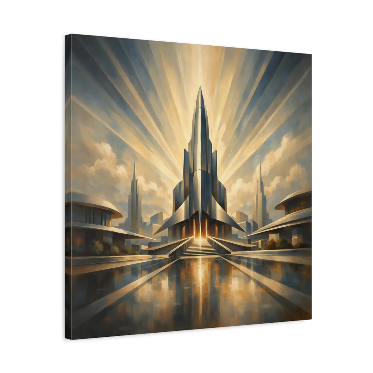 Side Mockup 4. Science Fiction Futuristic City Gold And Blue shown as stretched canvas wall art