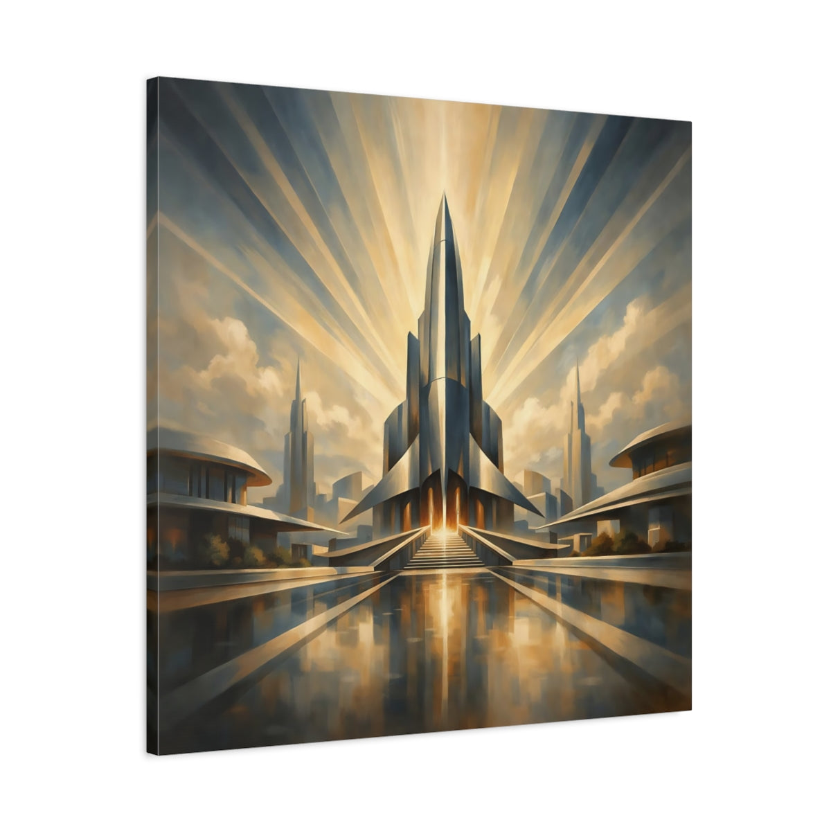 Side Mockup 3. Science Fiction Futuristic City Gold And Blue shown as stretched canvas wall art