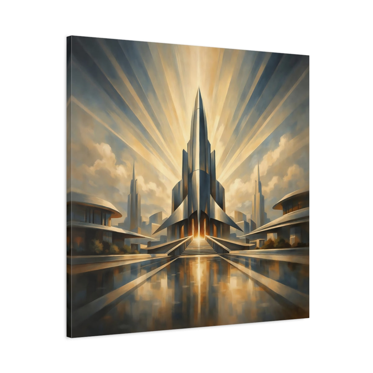 Side Mockup 2. Science Fiction Futuristic City Gold And Blue shown as stretched canvas wall art
