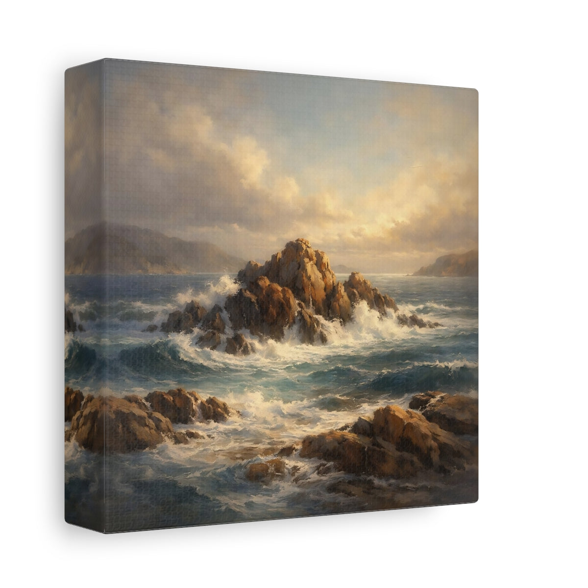Side Mockup 1. Nature Rocky Seascape Coastal Seascape shown as stretched canvas wall art