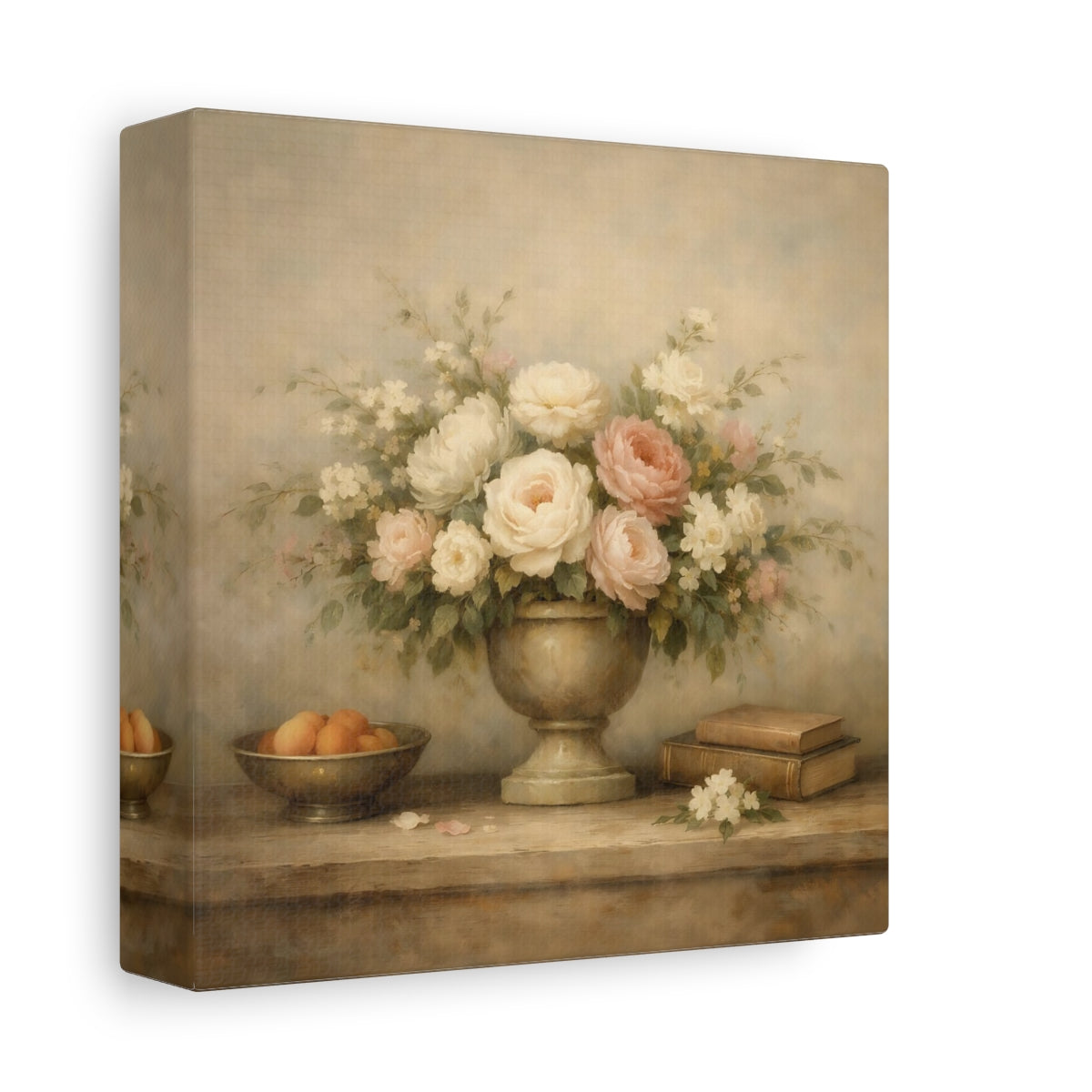 Side Mockup 1. Floral Floral Arrangement Vintage Floral Still Life shown as stretched canvas wall art