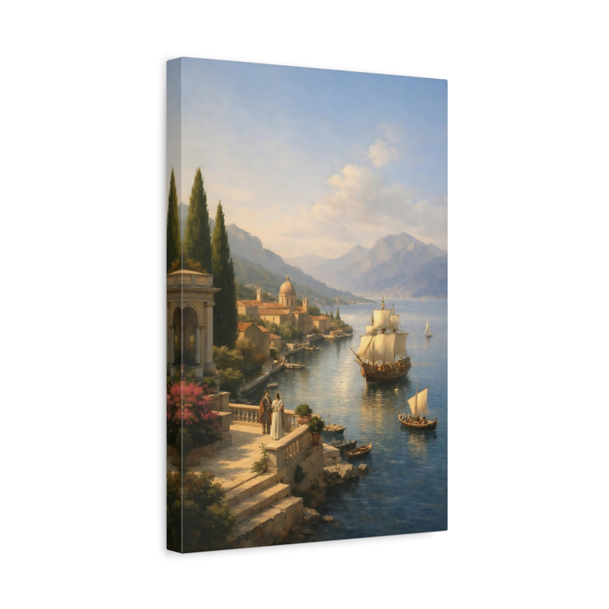 Side Mockup 4. Vintage Sailing Ship Historic Seaport Blue shown as stretched canvas wall art