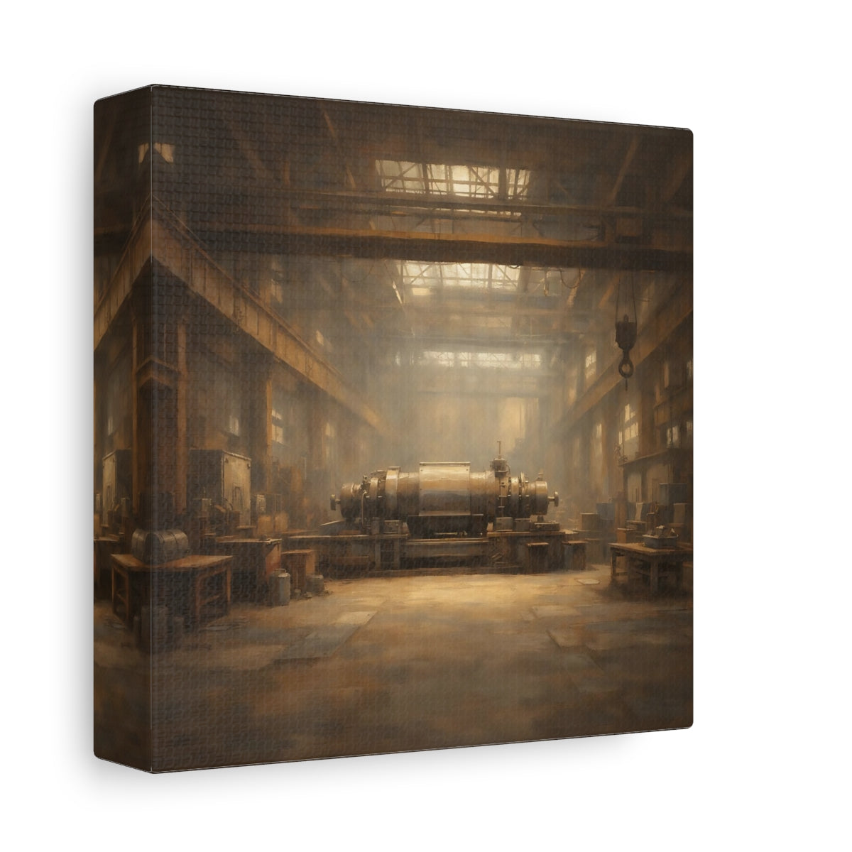 Side Mockup 1. Vintage Industrial Machinery Brown And Gold shown as stretched canvas wall art