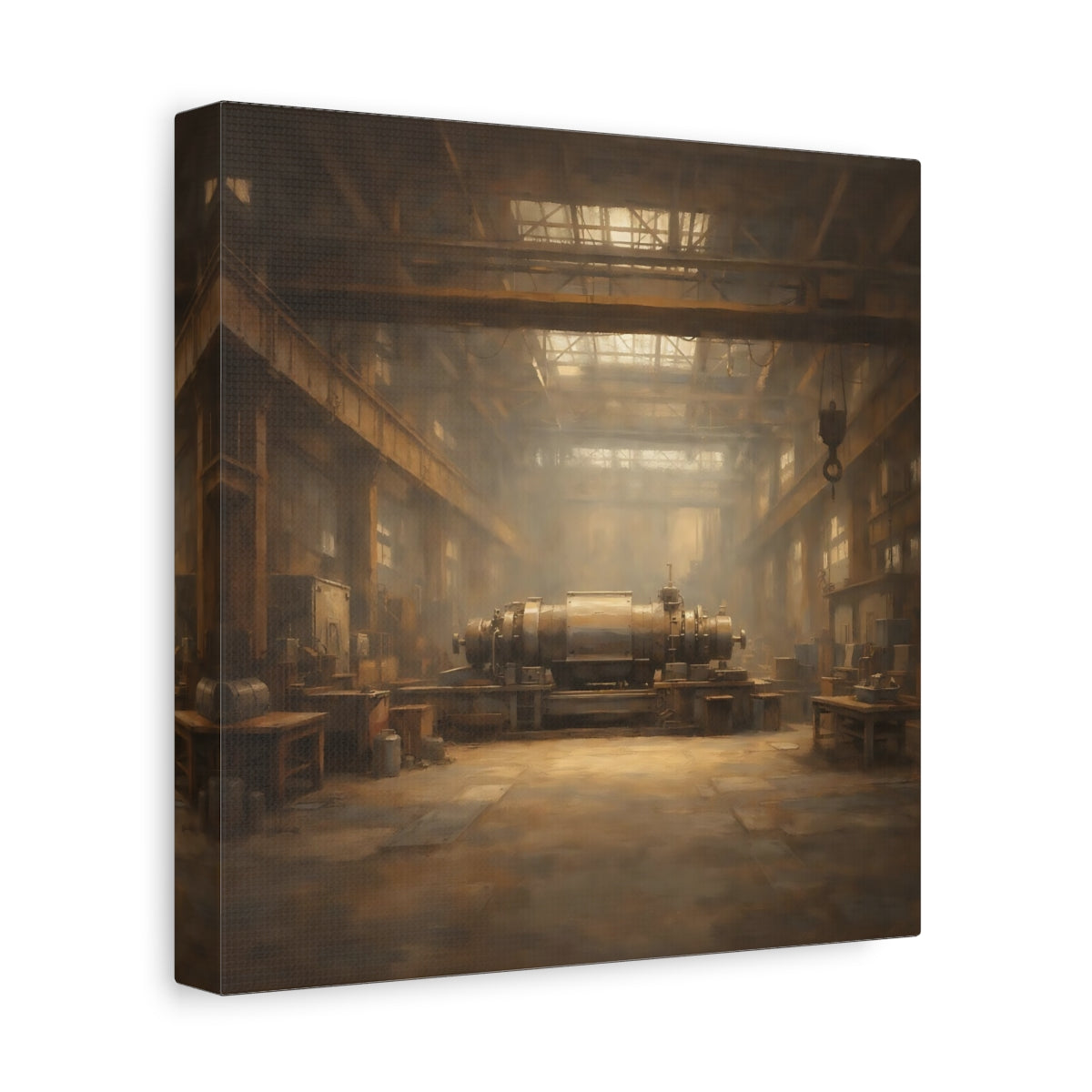 Side Mockup 9. Vintage Industrial Machinery Brown And Gold shown as stretched canvas wall art