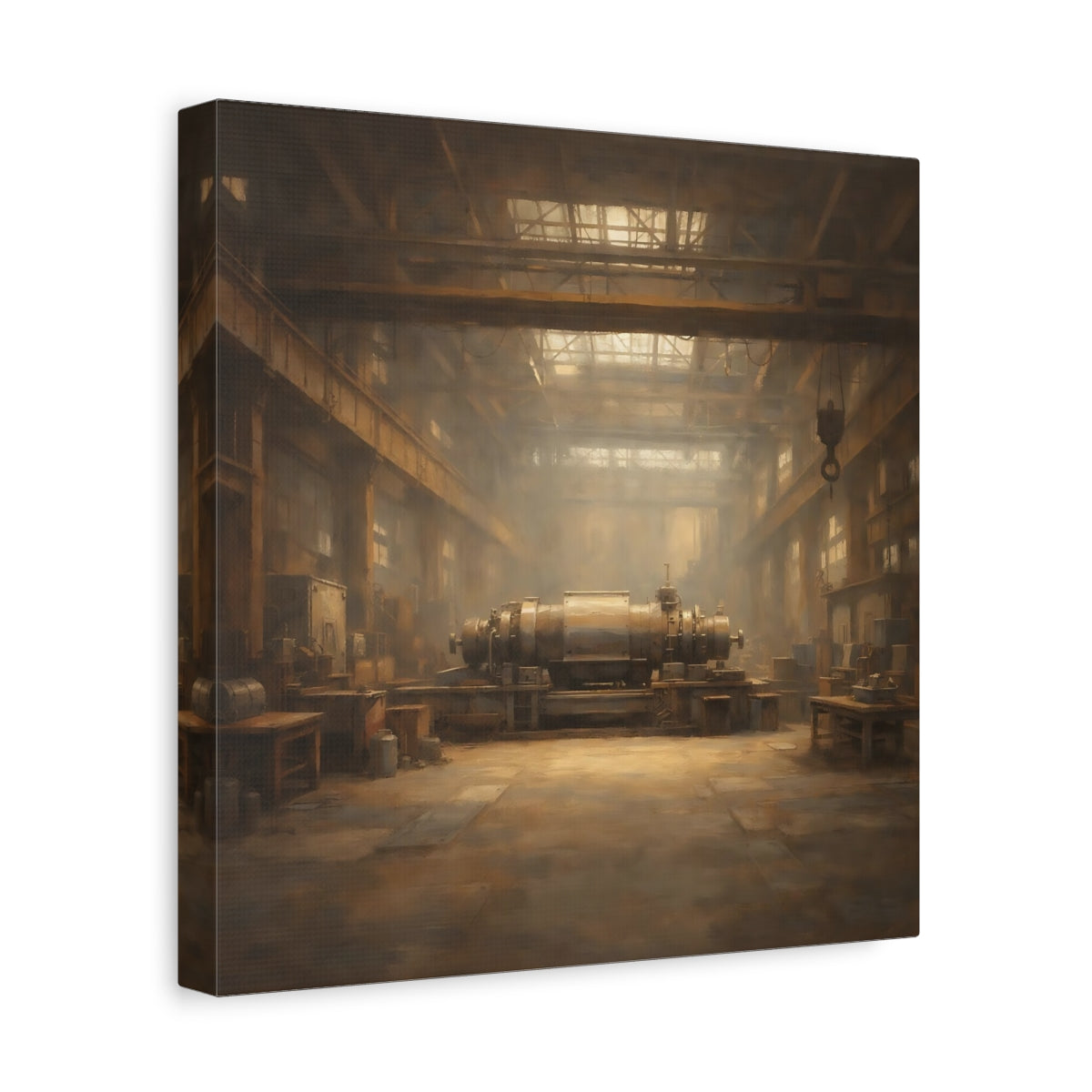 Side Mockup 8. Vintage Industrial Machinery Brown And Gold shown as stretched canvas wall art