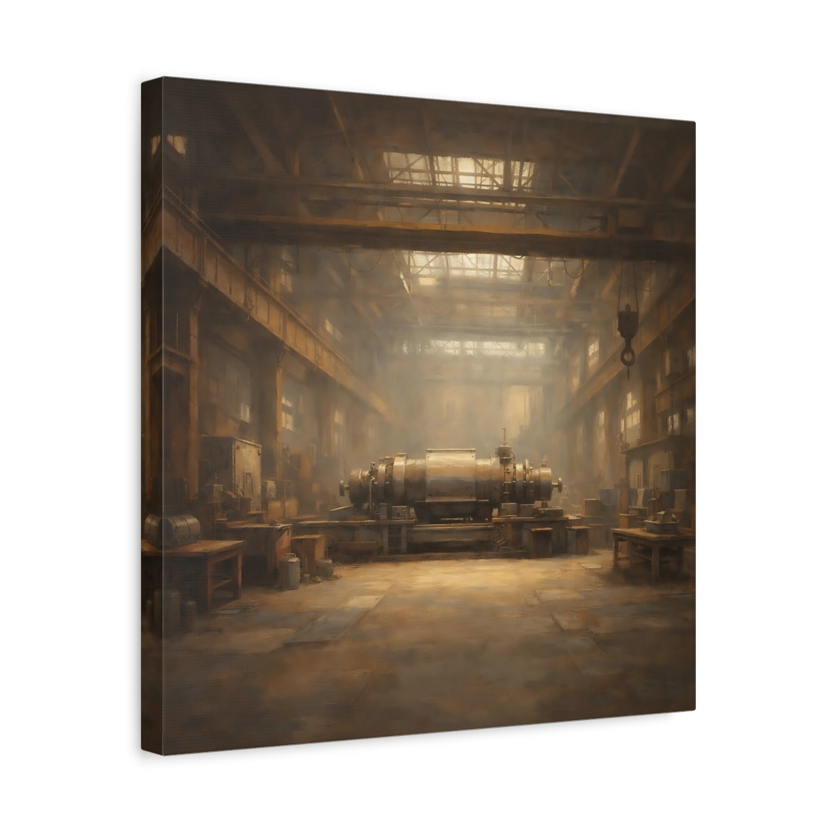 Side Mockup 6. Vintage Industrial Machinery Brown And Gold shown as stretched canvas wall art