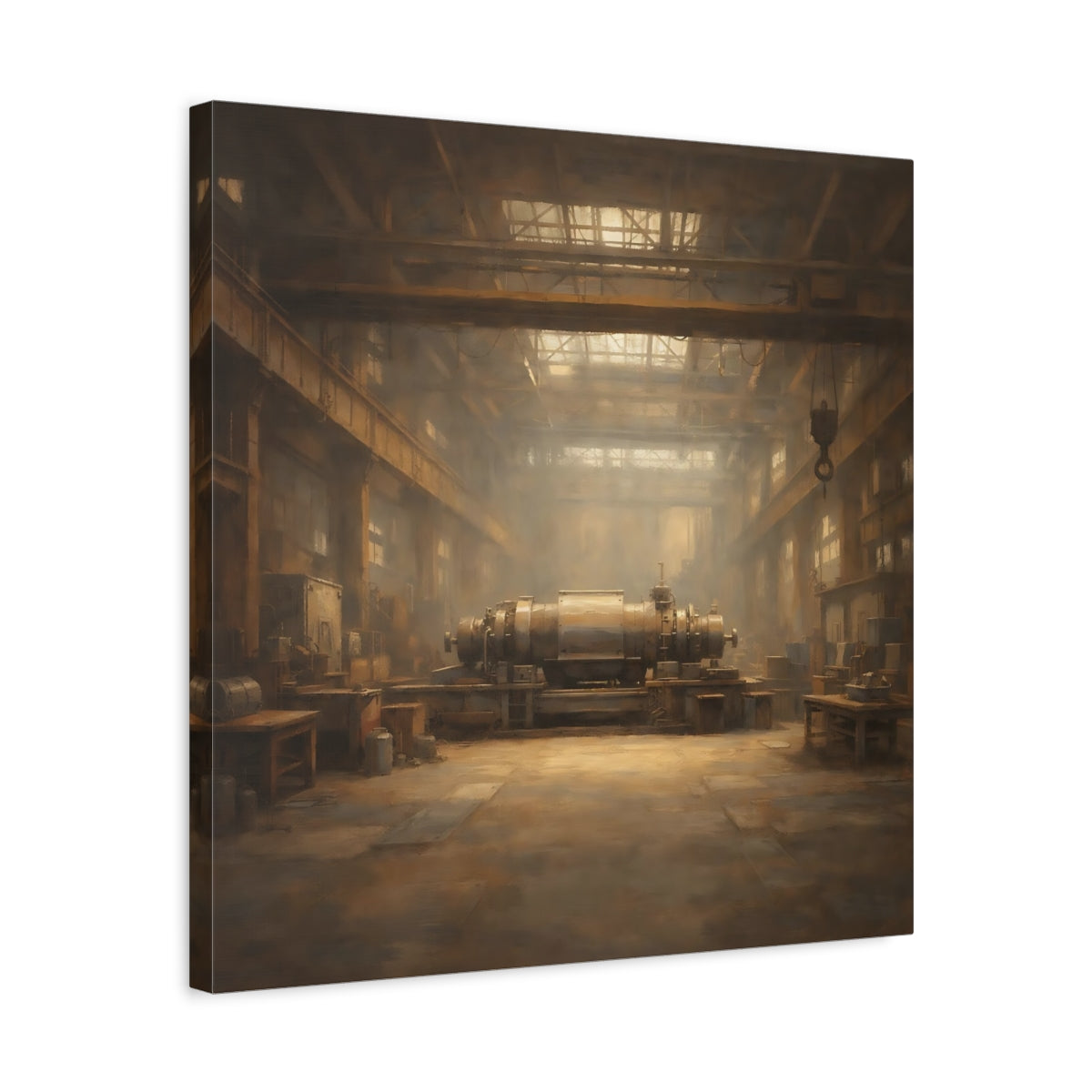 Side Mockup 5. Vintage Industrial Machinery Brown And Gold shown as stretched canvas wall art