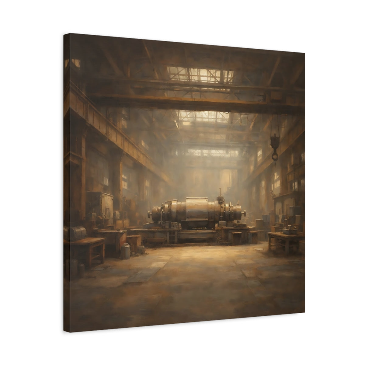 Side Mockup 4. Vintage Industrial Machinery Brown And Gold shown as stretched canvas wall art